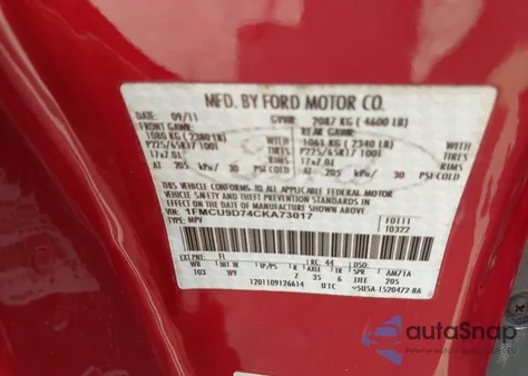 2012 Ford Escape Xlt z USA, uszkodzony, nr VIN 1FMCU9D74CKA73017